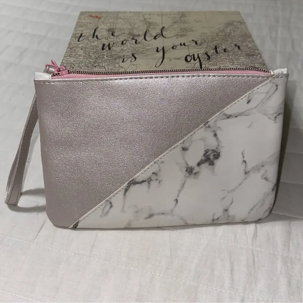 IPSY Pink Rose Gold Metallic White Gray Marble Faux Leather Makeup Cosmetic Bag